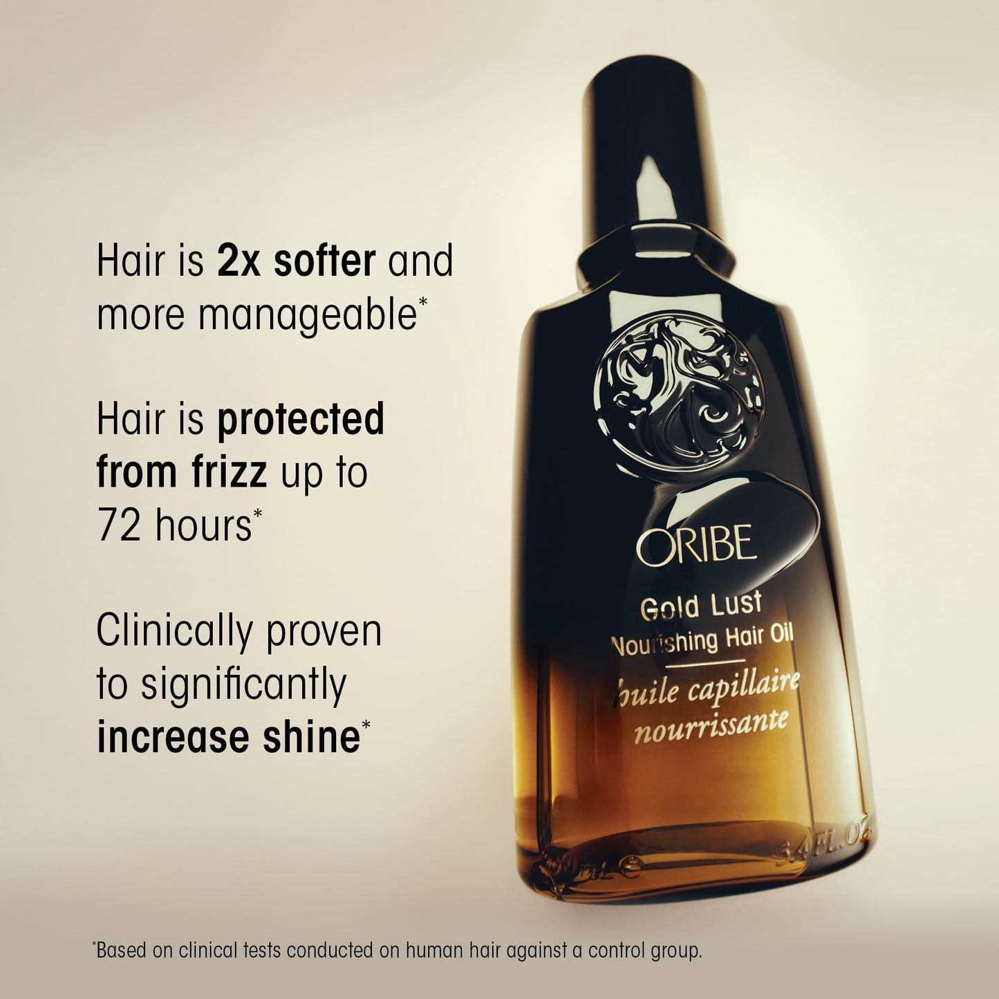 Close up of Oribe nourishing oil formula for heat protection.
