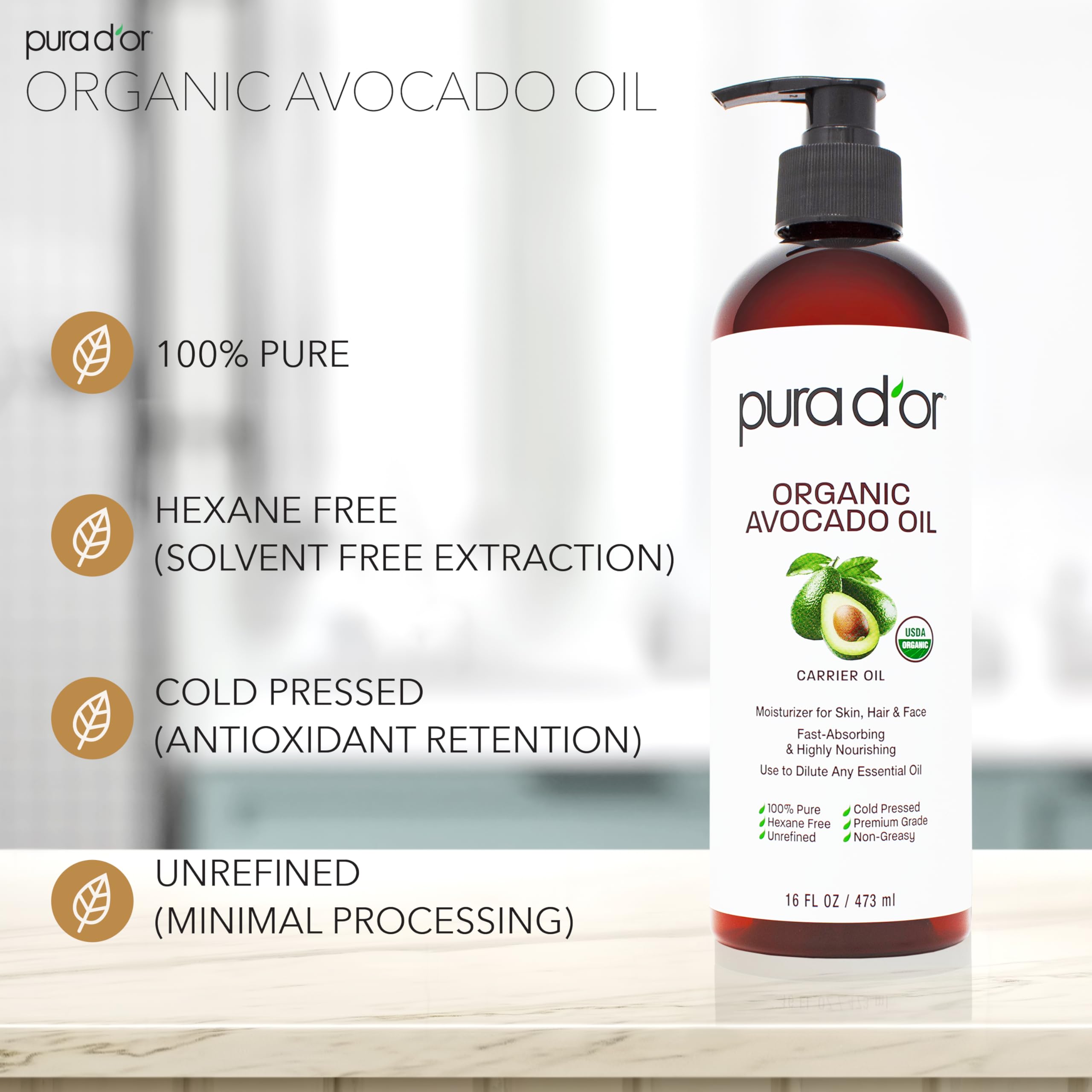 Back label of PURA D'OR Avocado Oil with 100 percent pure ingredient list and usage instructions