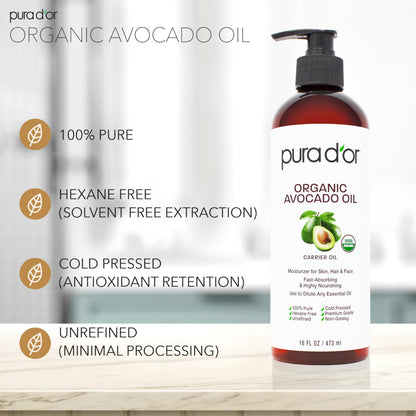 Back label of PURA D'OR Avocado Oil with 100 percent pure ingredient list and usage instructions