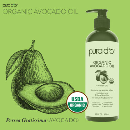PURA D'OR Organic Avocado Oil 16 Ounce bottle used as a carrier oil base for DIY beauty blends