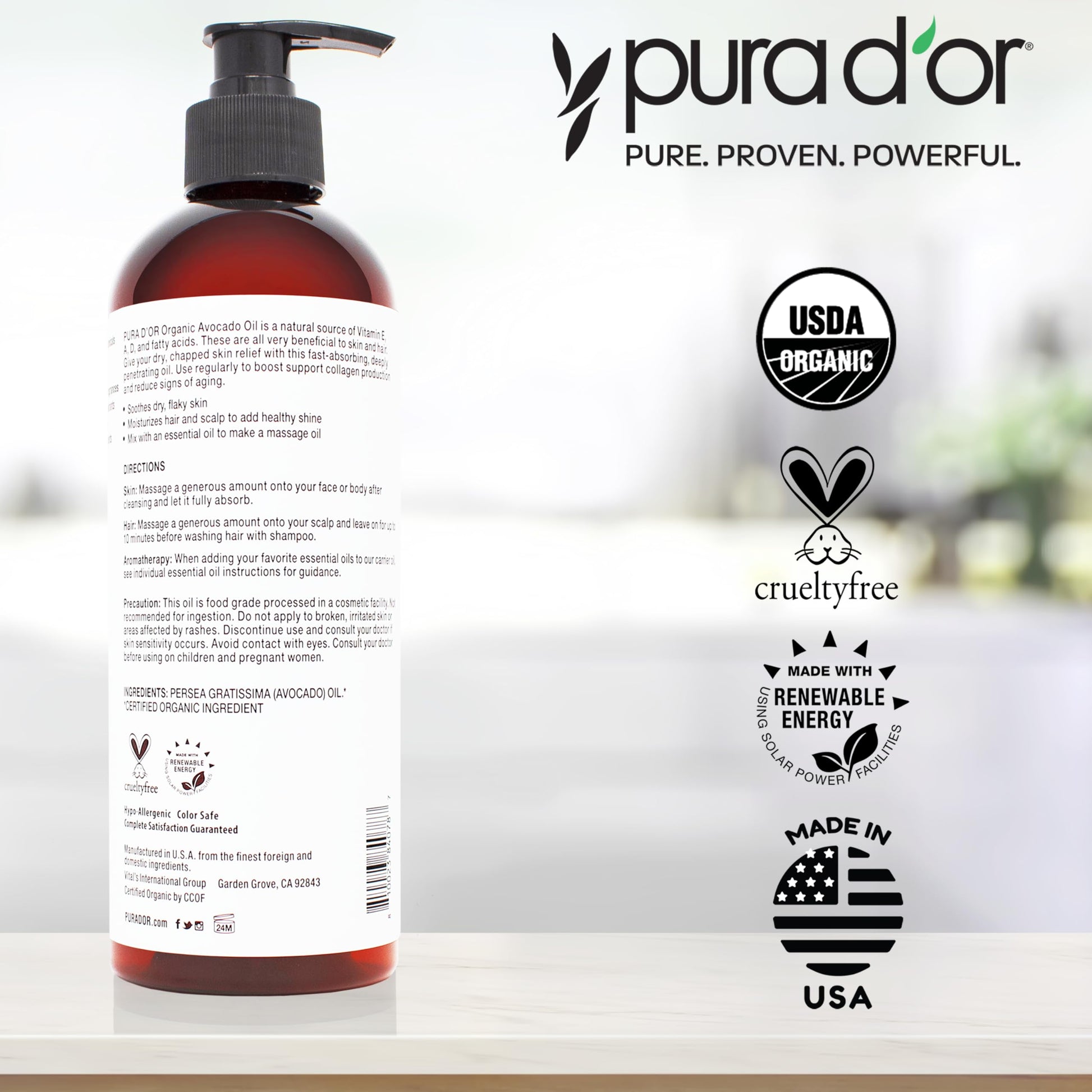 Authentic PURA D'OR Avocado Oil imported bottle highlighting clean beauty skincare benefits