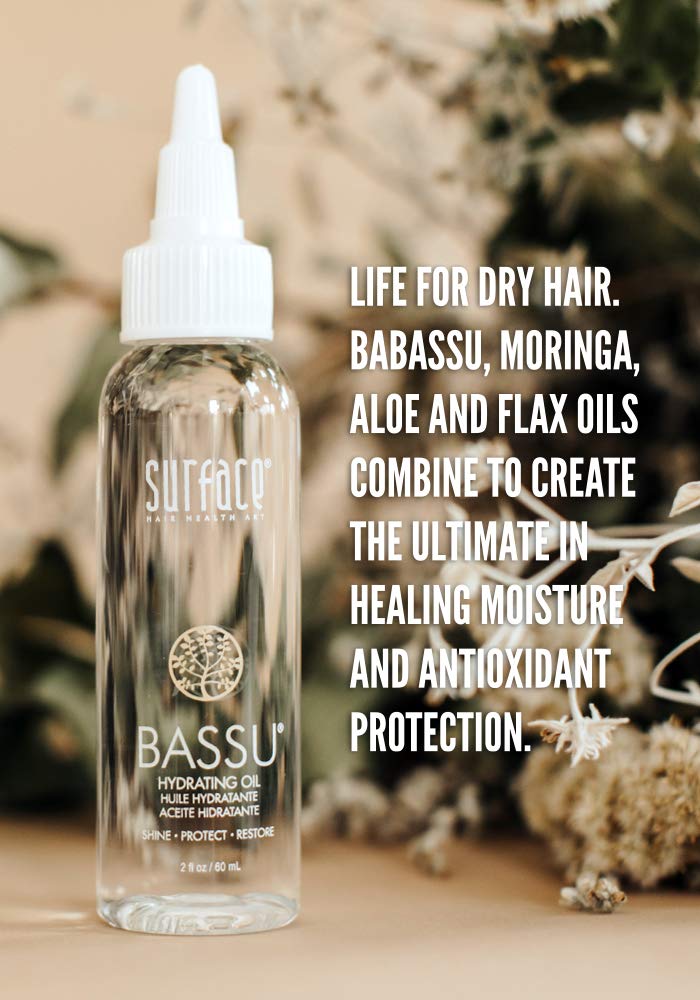 Surface Bassu Hydrating Oil packaging showing the natural flax seed and aloe vera ingredients for damaged hair repair