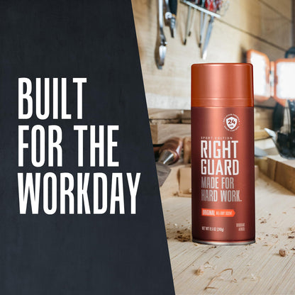 Right Guard authentic aerosol spray deodorant pair showing application nozzle and safety cap close up
