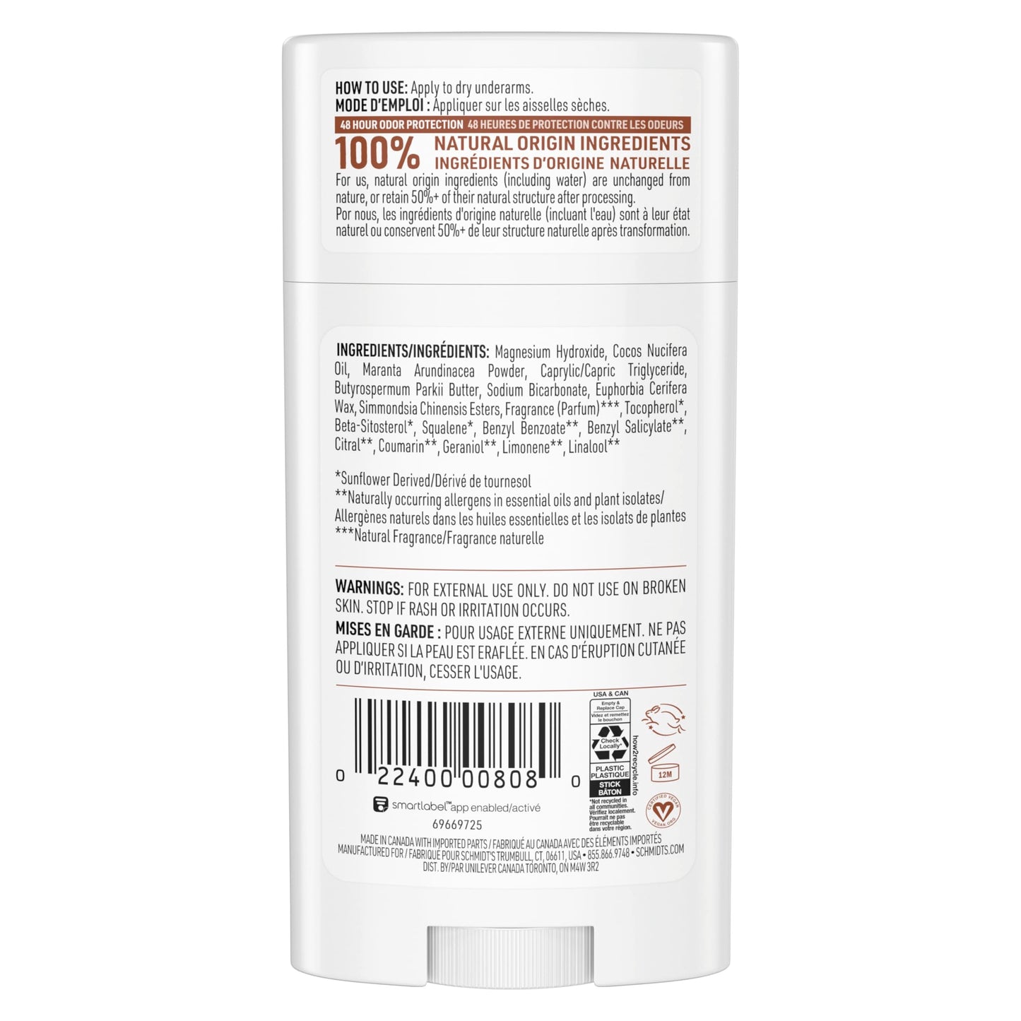 Schmidt's natural origin plant based deodorant sticks pack of two for unisex odor protection