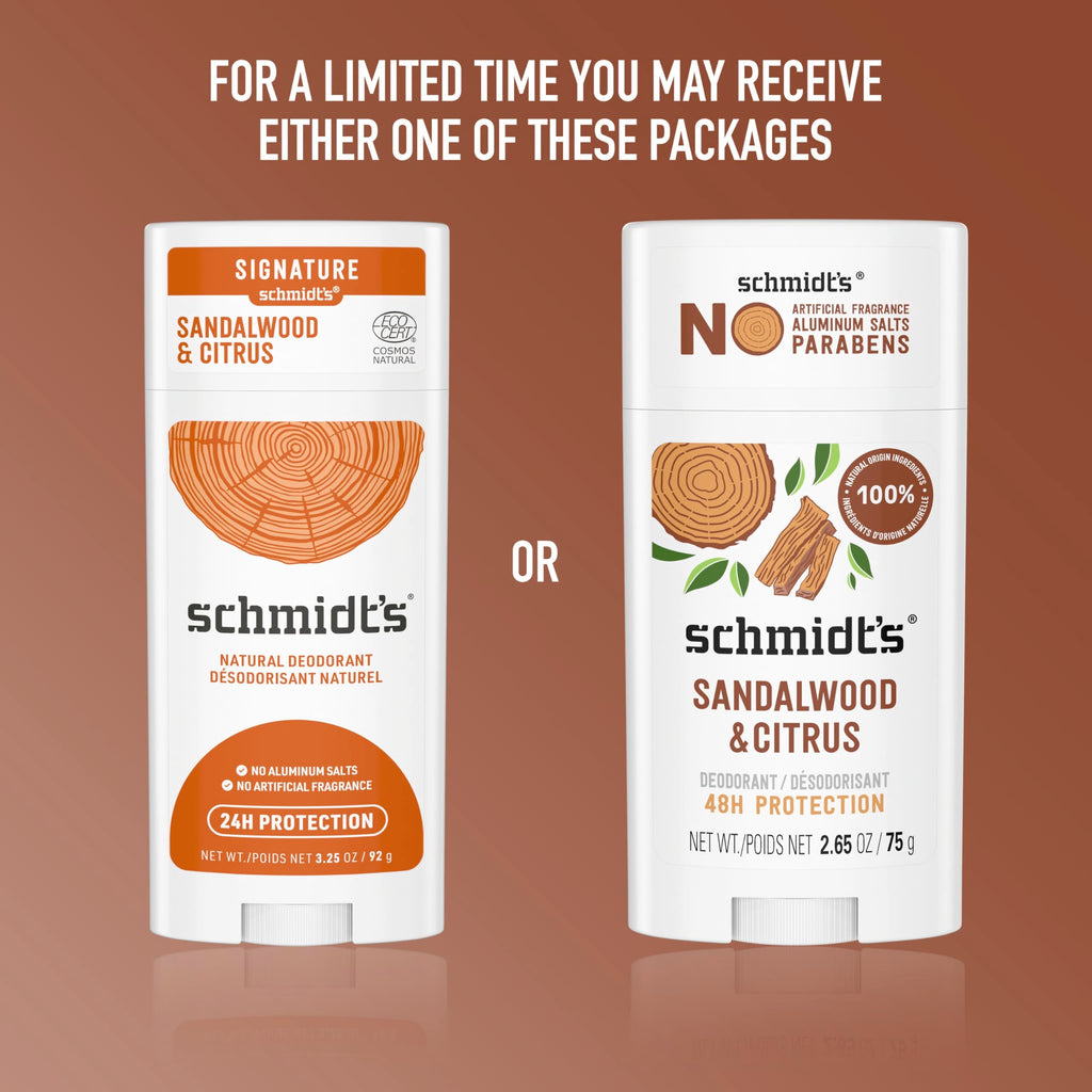 Close-up view of Schmidt's deodorant branding and no aluminum graphic