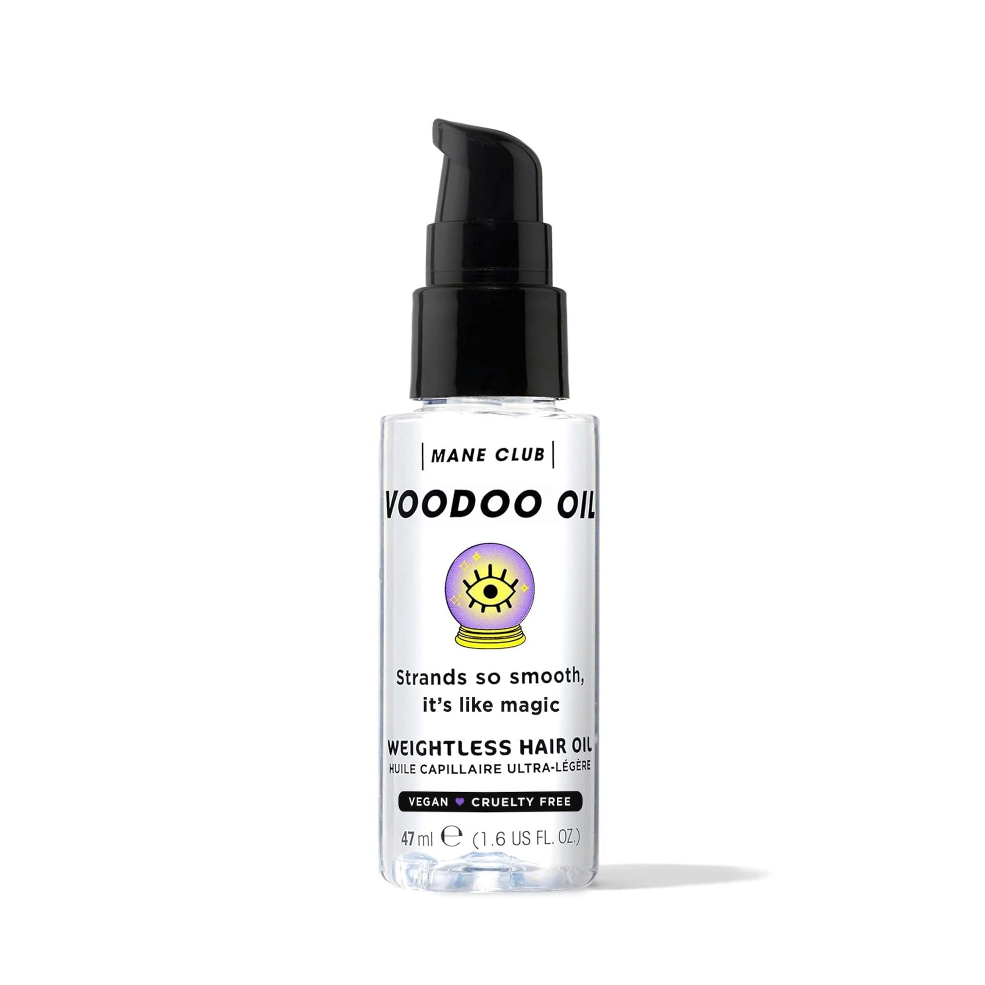 Mane Club Voodoo Oil bottle showing the lightweight clear serum formula for anti frizz hair care.