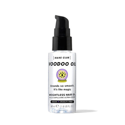 Mane Club Voodoo Oil bottle showing the lightweight clear serum formula for anti frizz hair care.