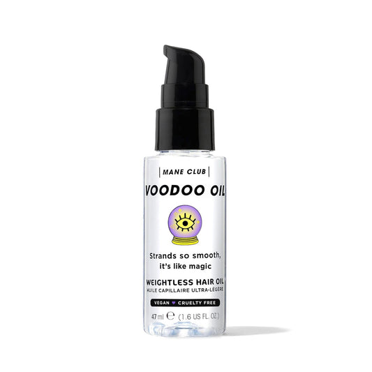 Mane Club Voodoo Oil bottle showing the lightweight clear serum formula for anti frizz hair care.