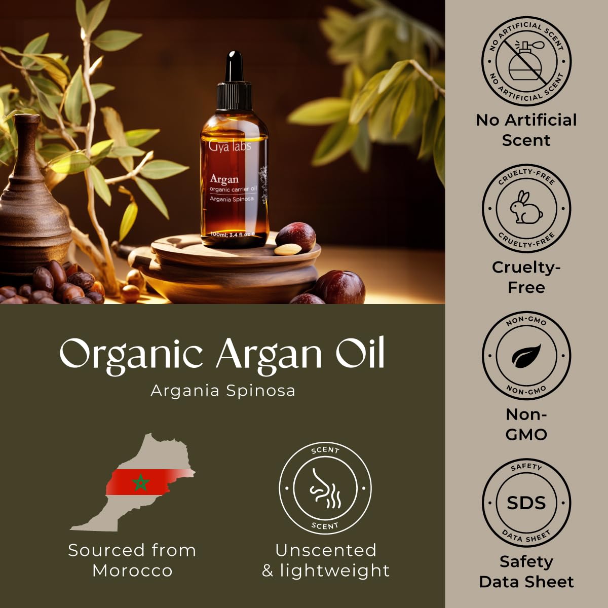 Premium USA imported beauty product bottle of Gya Labs argan oil for professional hair care.