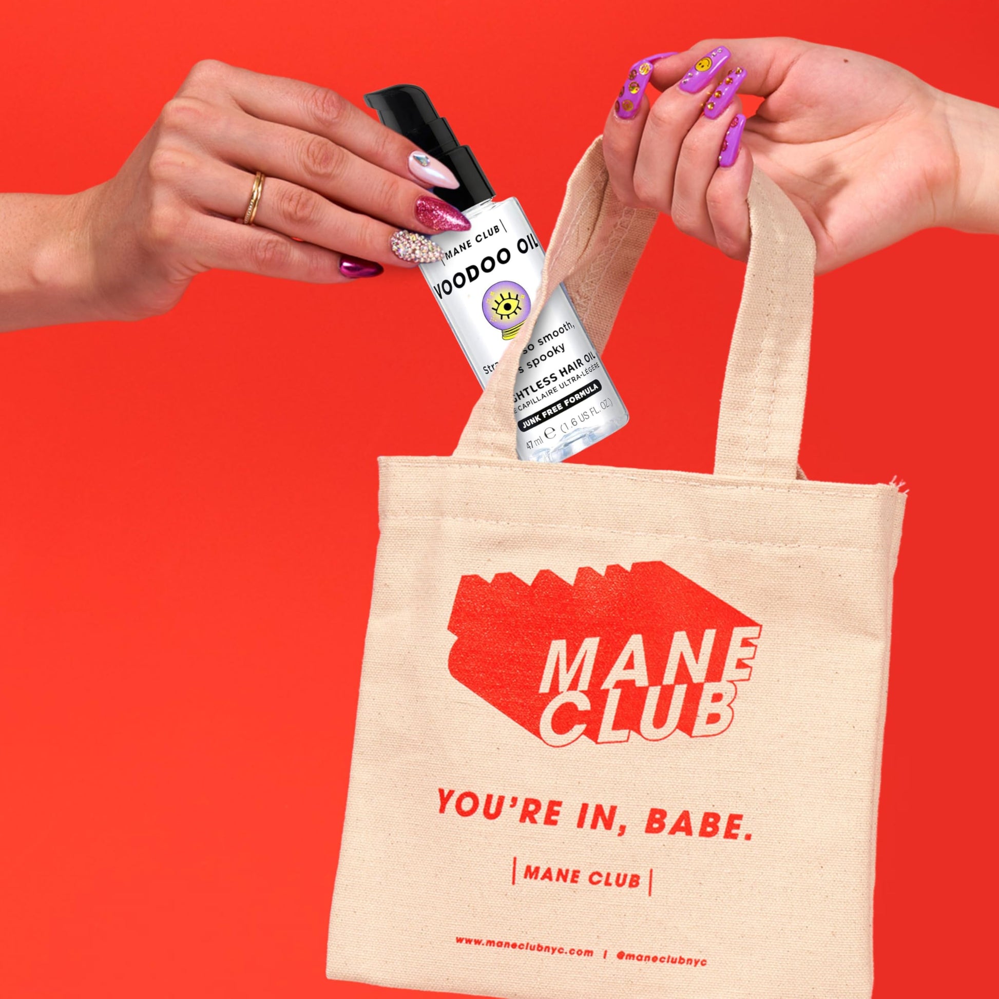 Mane Club Voodoo Oil imported USA beauty product presentation highlighting premium smoothing benefits.