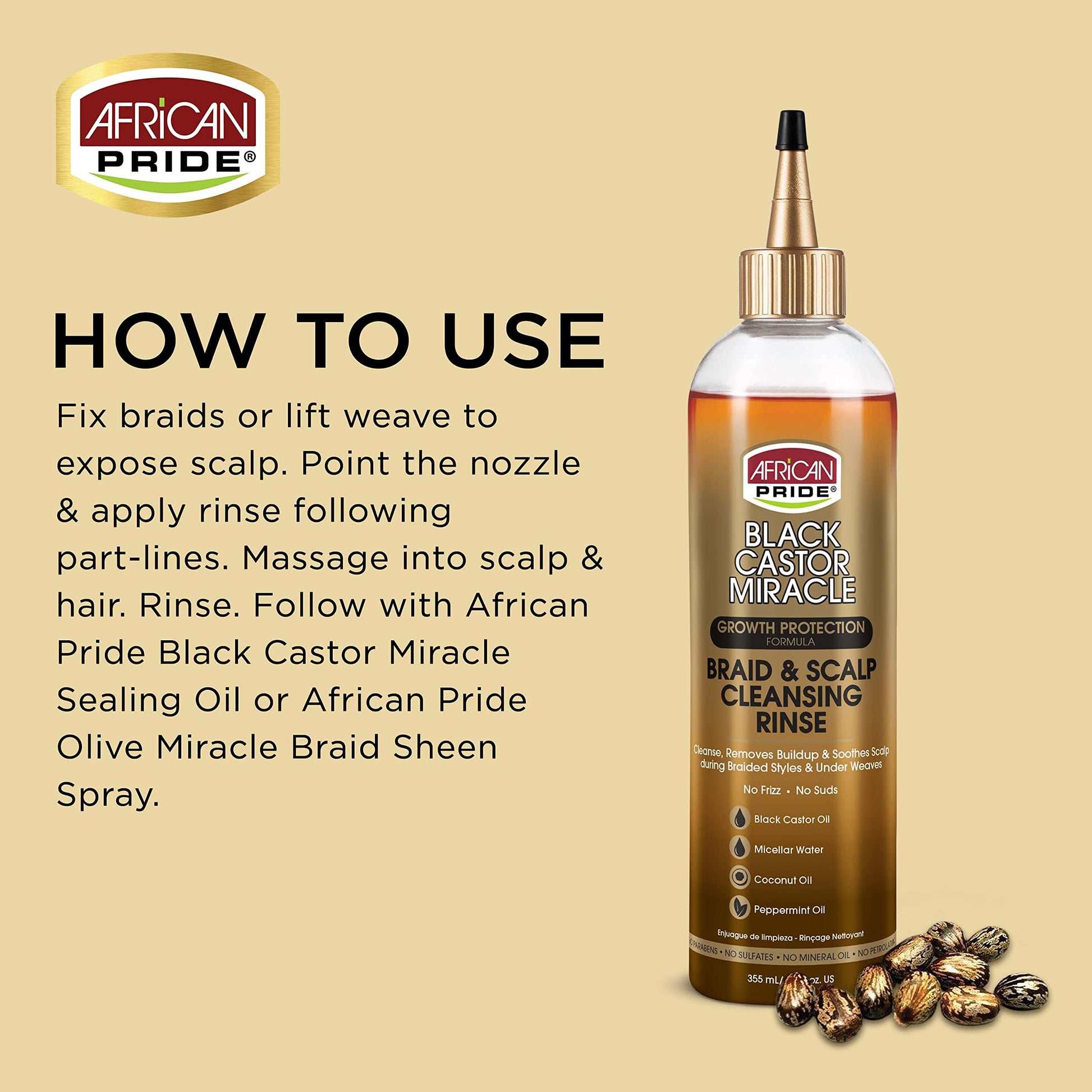 African Pride 12 fluid ounce bottle with precision nozzle applicator
