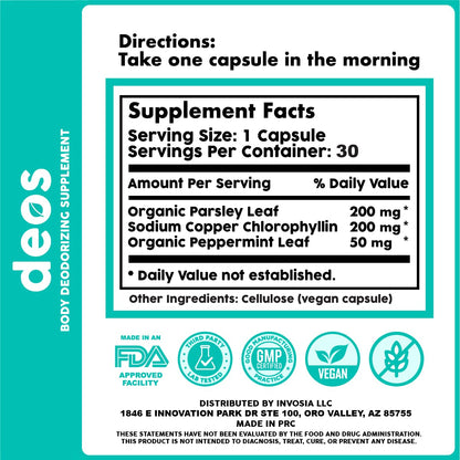 Full body deodorant capsules with chlorophyll and mint