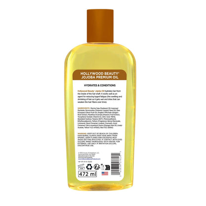 Hollywood Beauty Jojoba Oil value size bottle showing multiuse benefits for skin and nails