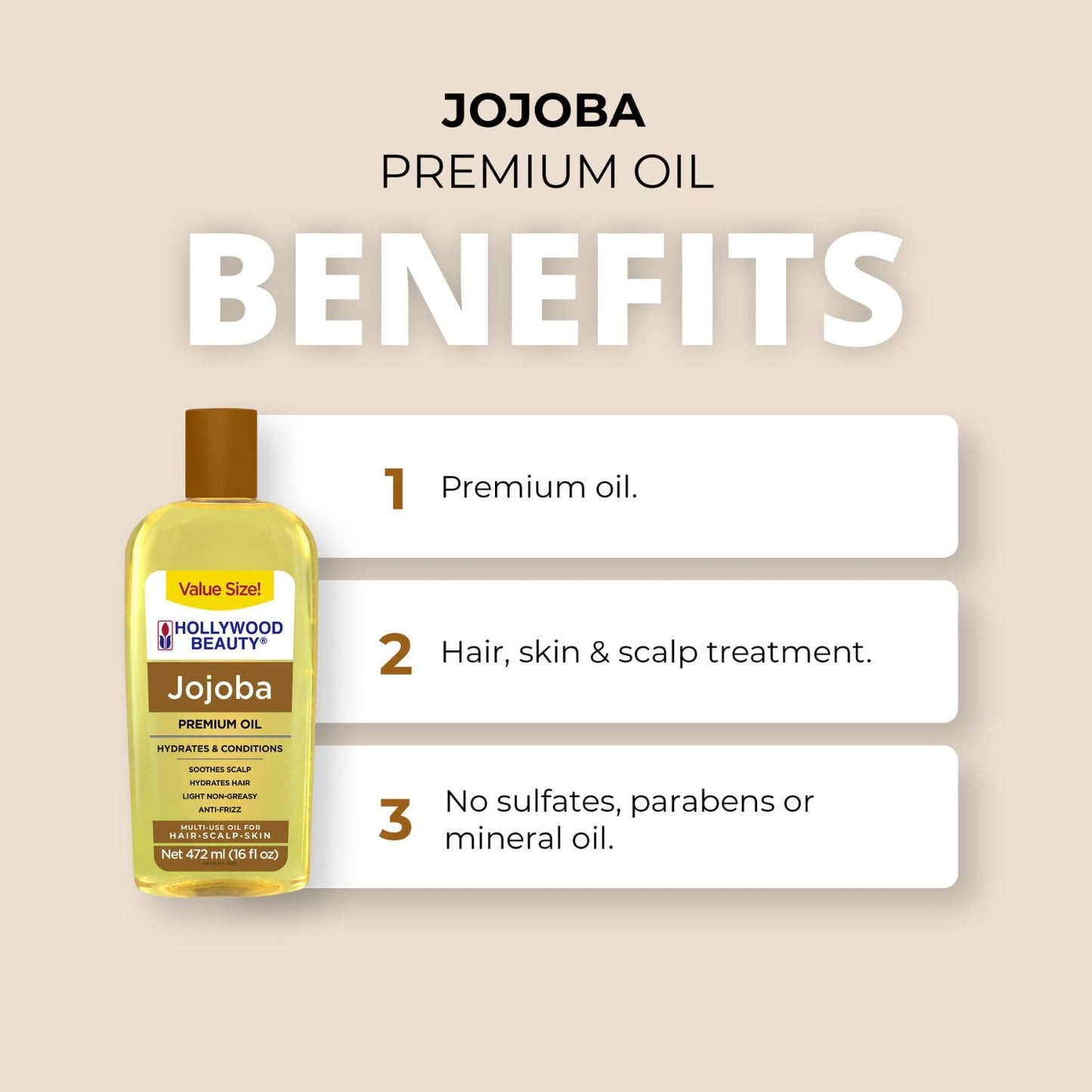 Back label of Hollywood Beauty Jojoba Oil detailing clean ingredients free from parabens