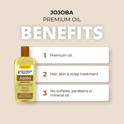 Back label of Hollywood Beauty Jojoba Oil detailing clean ingredients free from parabens