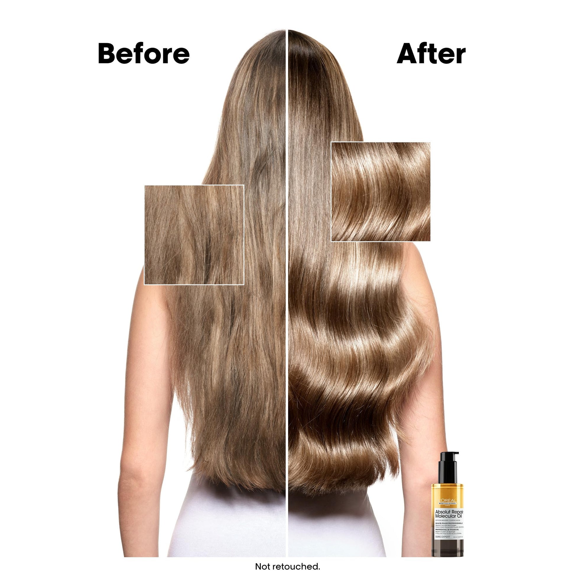 Shaking L'Oréal Professionnel Molecular Hair Oil to mix the liquid peptide bonders