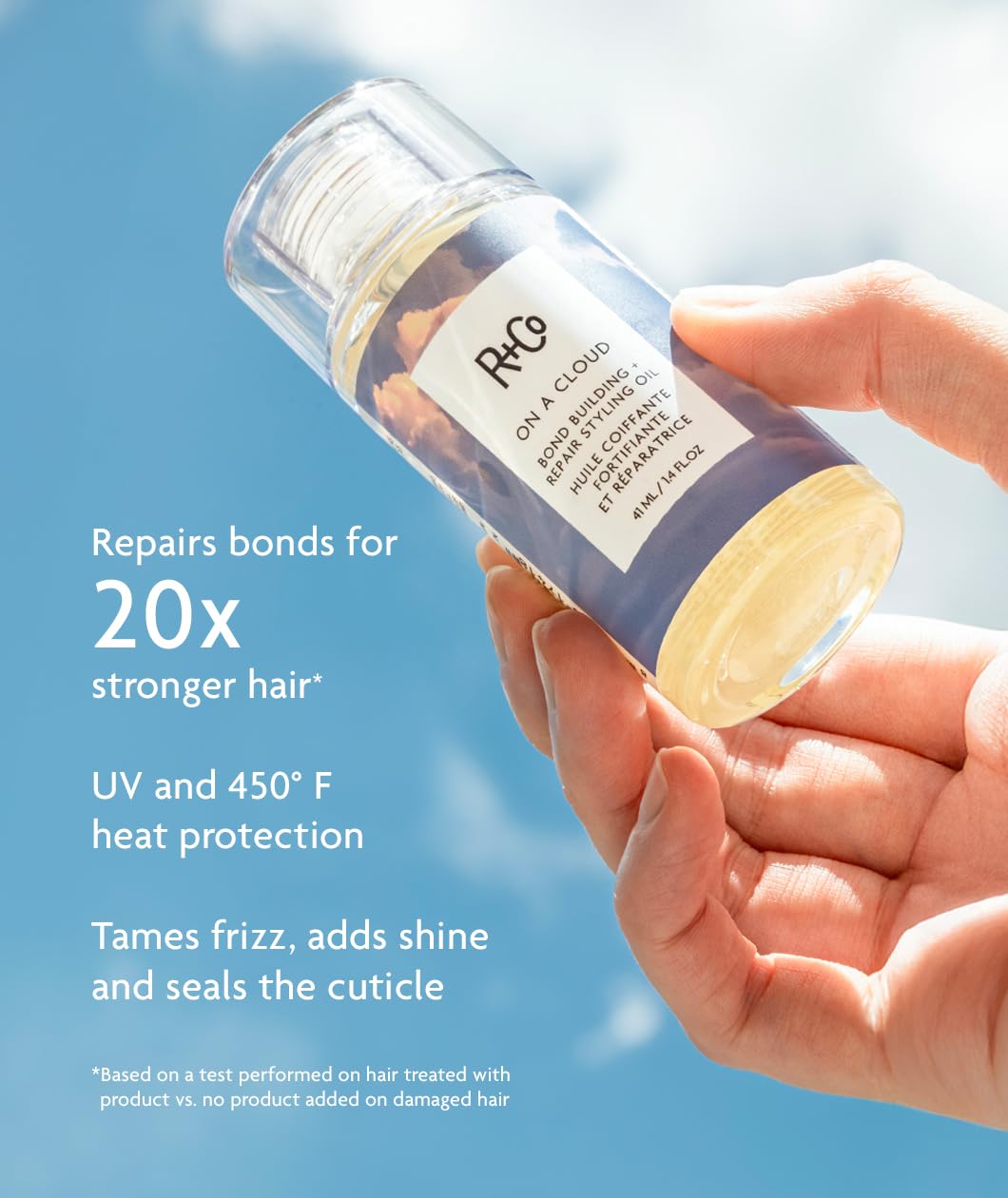 Silicone-free hair oil bottle by R+Co showcasing the lightweight bonding complex liquid