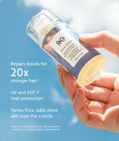 Silicone-free hair oil bottle by R+Co showcasing the lightweight bonding complex liquid