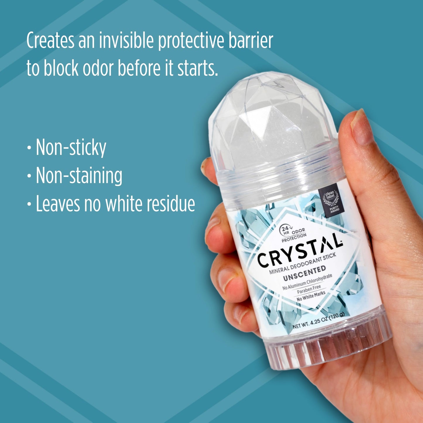Back label of natural crystal deodorant stone showing potassium alum ingredient detail