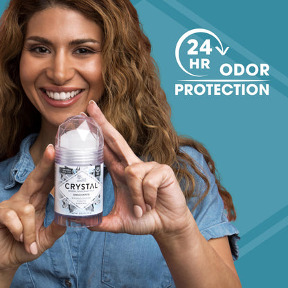 Authentic imported USA crystal deodorant stick with cap off displaying the clear mineral stone
