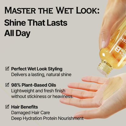 Side angle view of Forbeaut Wet Hair Oil packaging highlighting plant based ingredients.