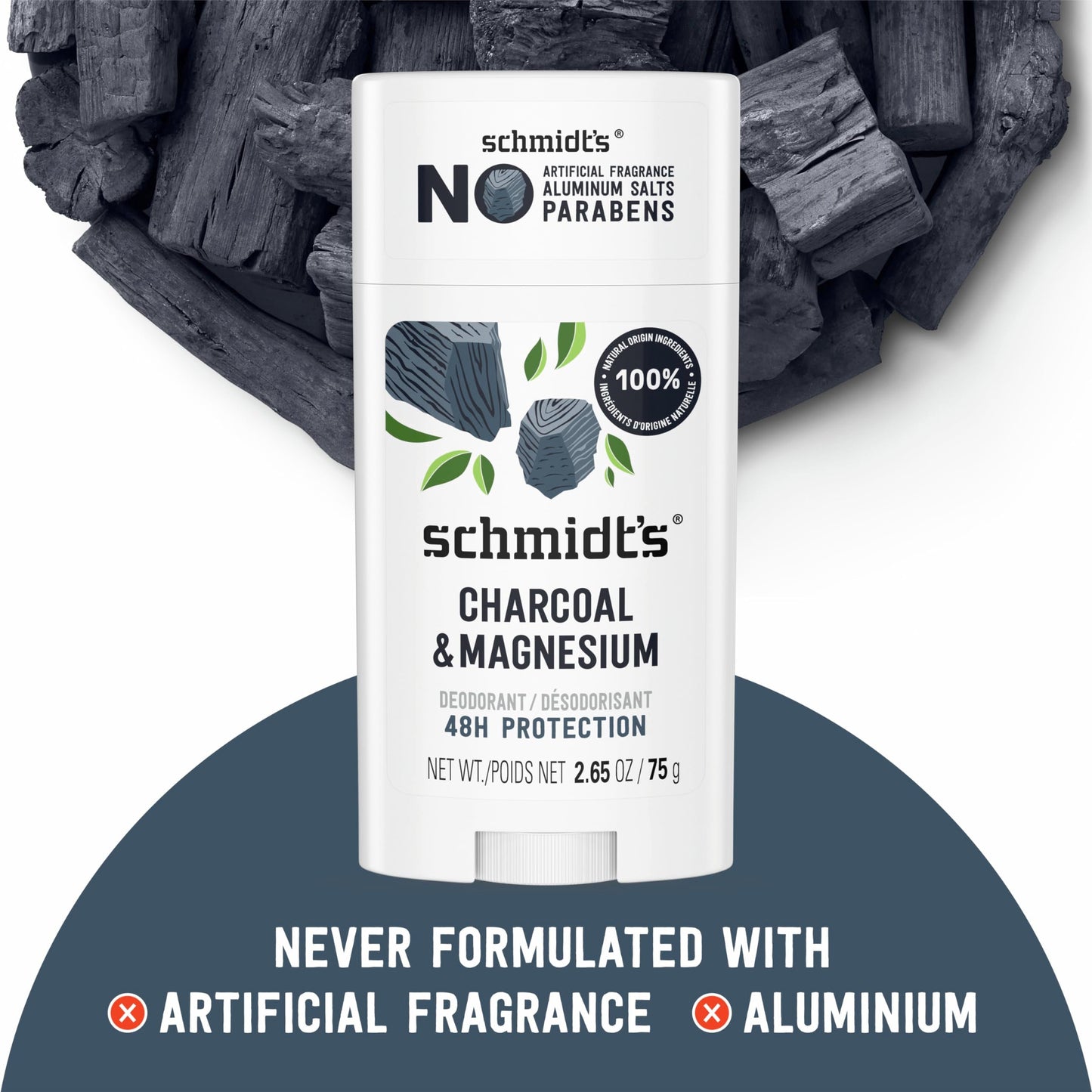 Schmidt's certified vegan cruelty-free charcoal deodorant packaging detail
