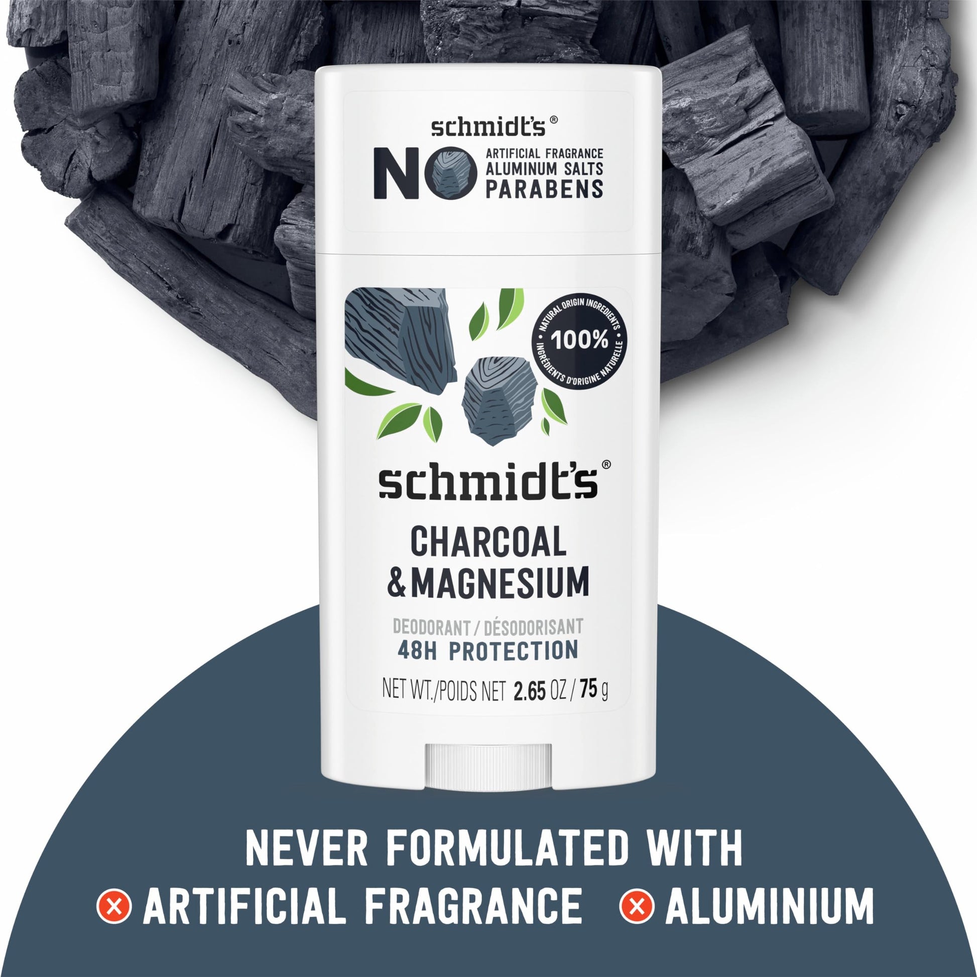 Schmidt's certified vegan cruelty-free charcoal deodorant packaging detail