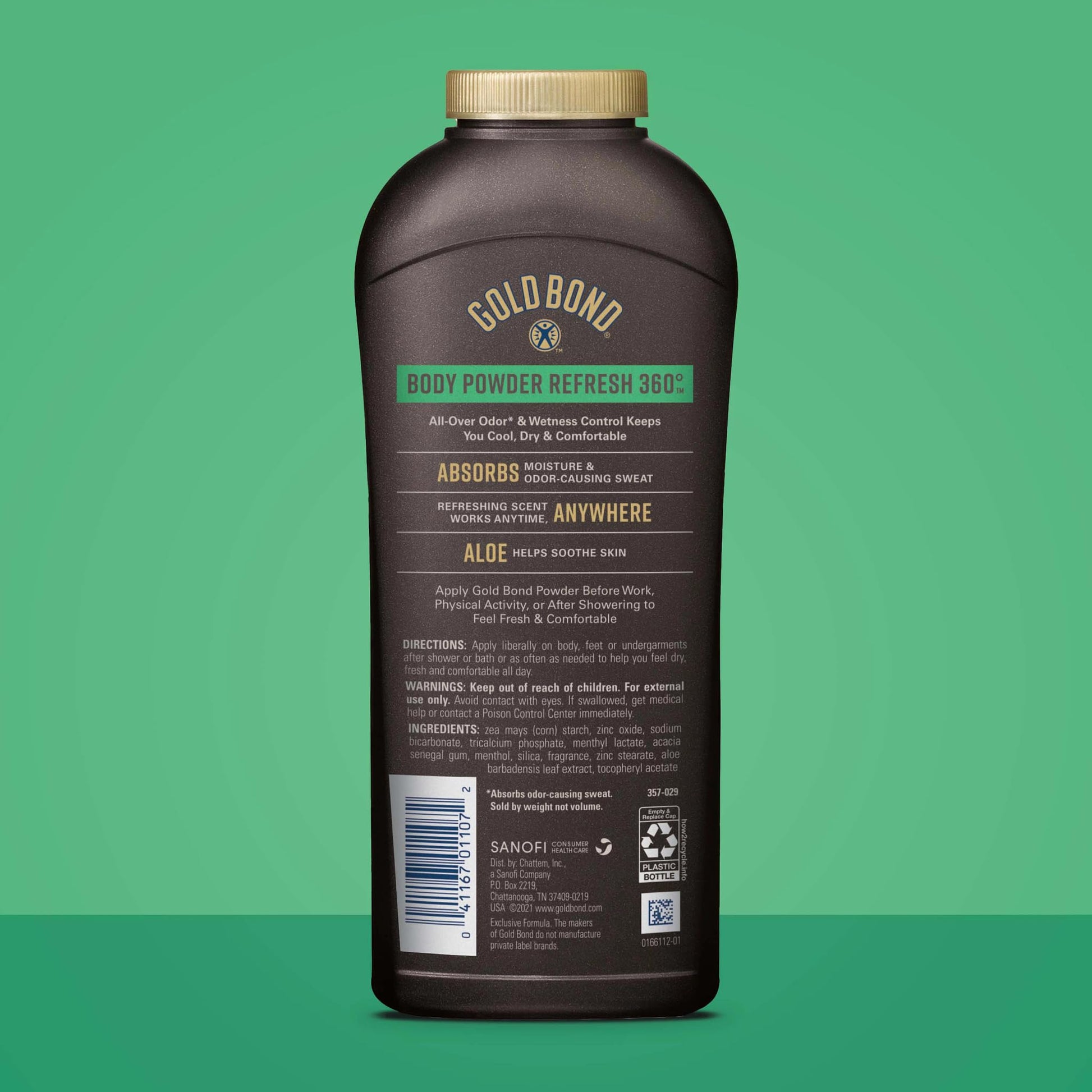 Gold Bond men's body powder back label showing ingredients list