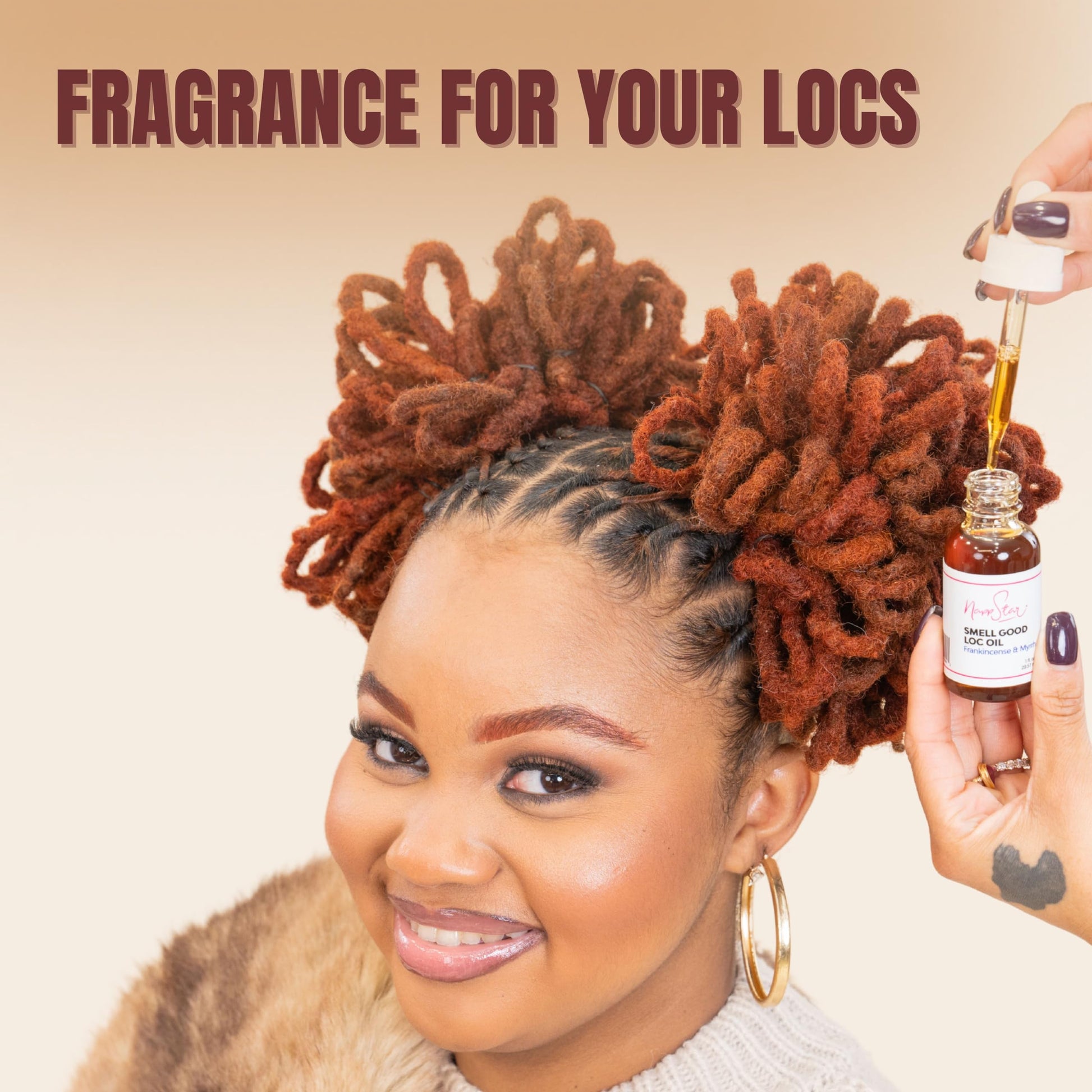 NappStar Frankincense and Myrrh hair perfume oil application details for textured hairstyles