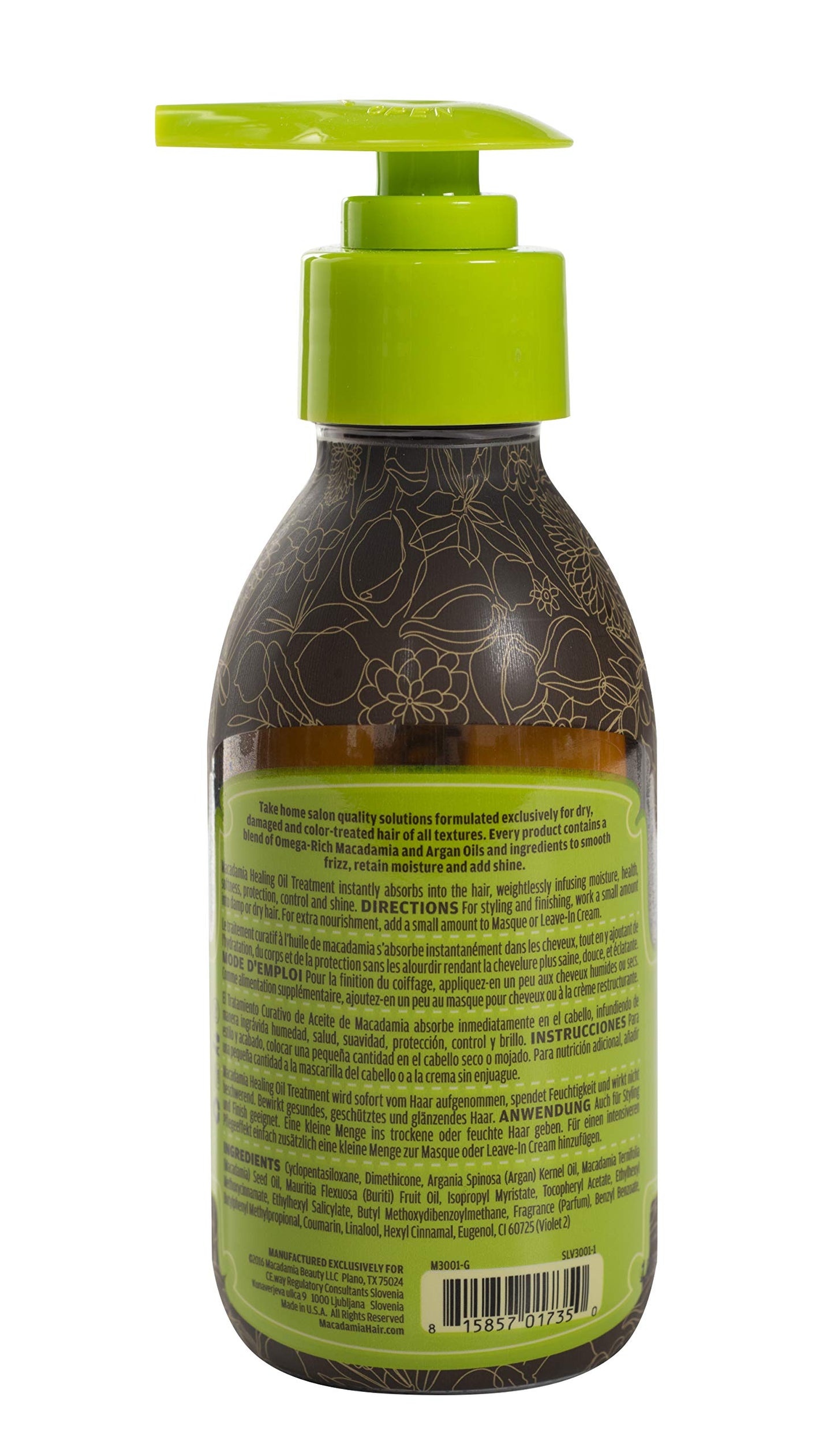 Macadamia Natural Oil Luxurious Oil Treatment showing texture and amber glass packaging for nourishing damaged hair.