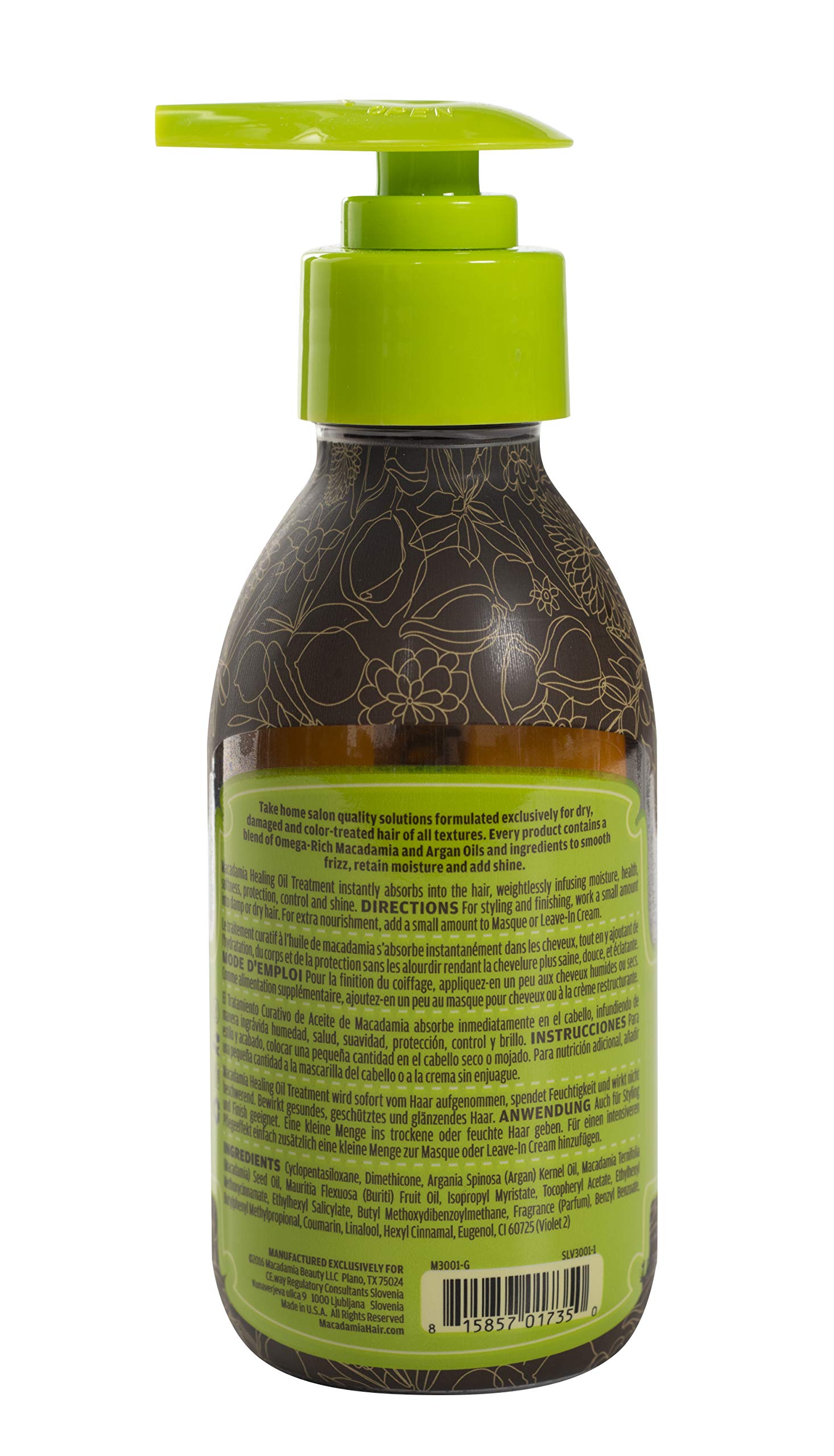 Macadamia Natural Oil Luxurious Oil Treatment showing texture and amber glass packaging for nourishing damaged hair.