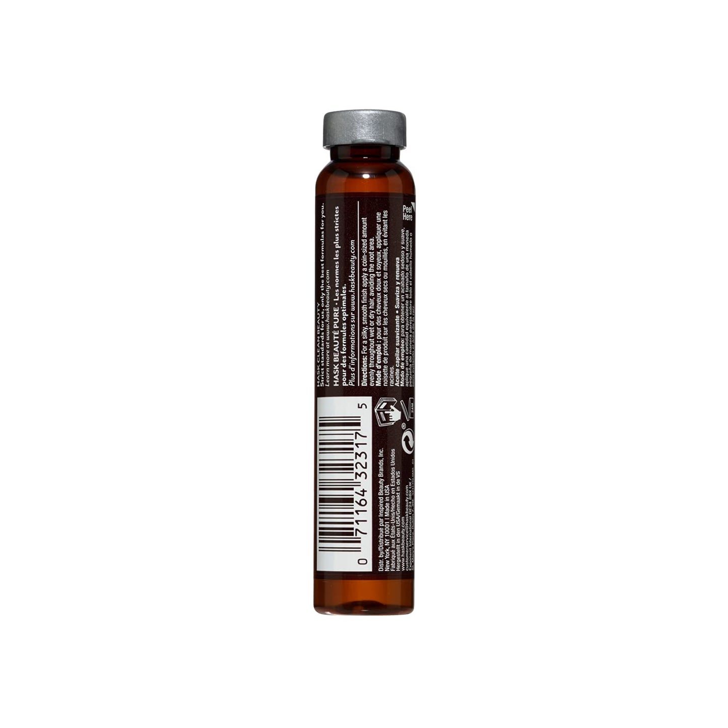 Close up of an individual eighteen milliliter glass vial of lightweight frizz control keratin hair treatment.