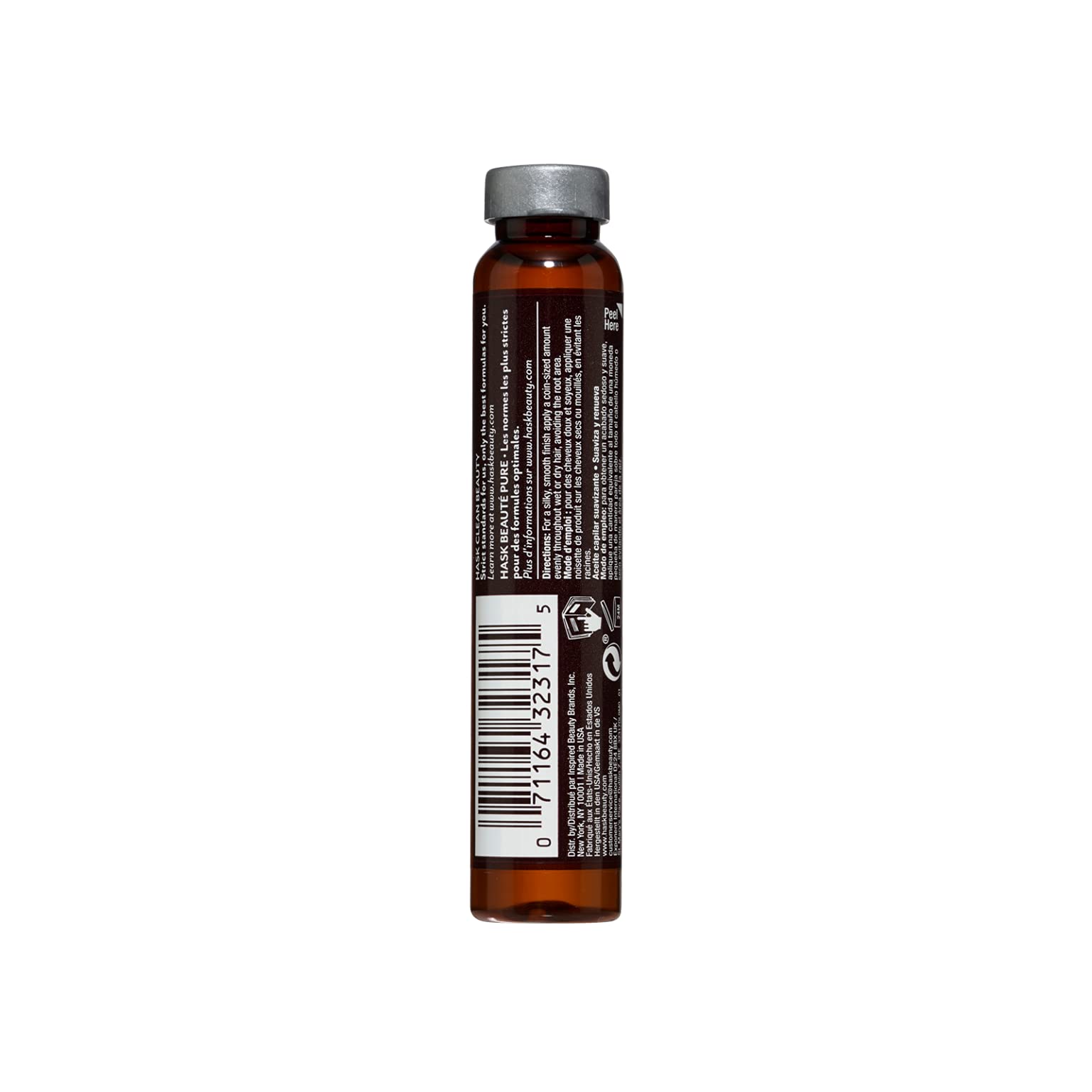 Close up of an individual eighteen milliliter glass vial of lightweight frizz control keratin hair treatment.