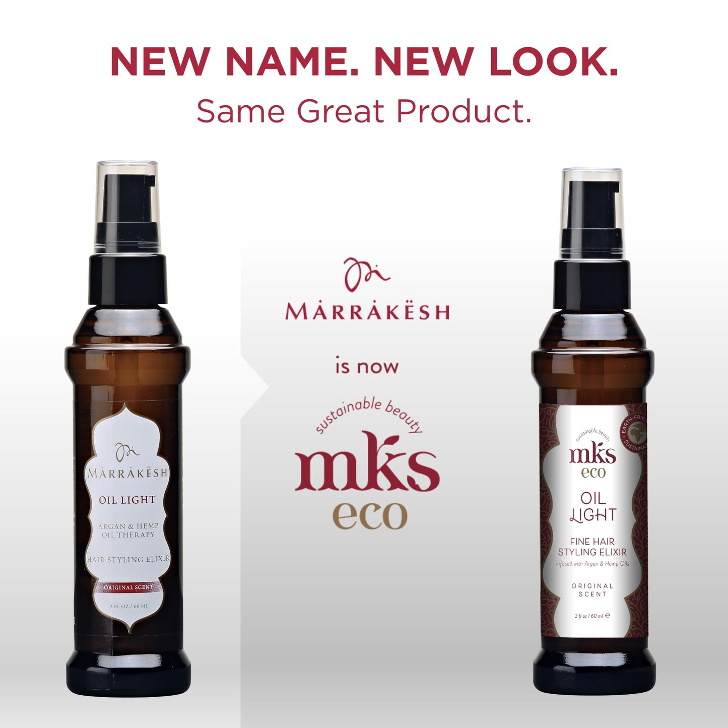 MKS eco Oil Light original scent 2 fluid ounces packaging showing argan and hemp seed oil ingredients