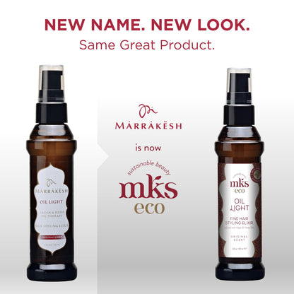 MKS eco Oil Light original scent 2 fluid ounces packaging showing argan and hemp seed oil ingredients