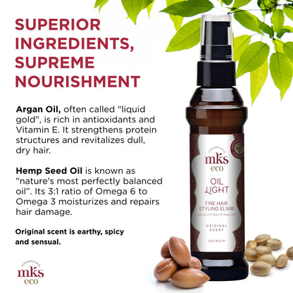 Lightweight Moroccan argan oil hair elixir for fine hair texture smoothing and shine