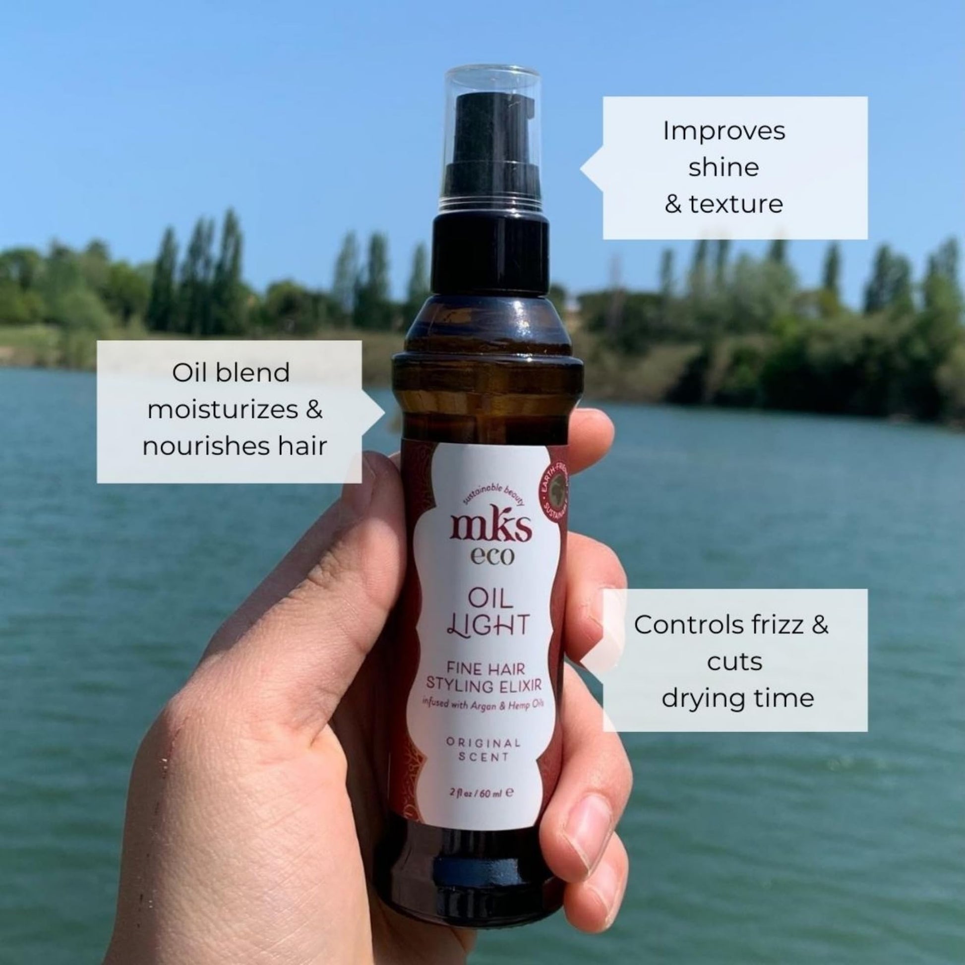 Earthly Body fine hair styling elixir bottle demonstrating premium vegan and cruelty free product design