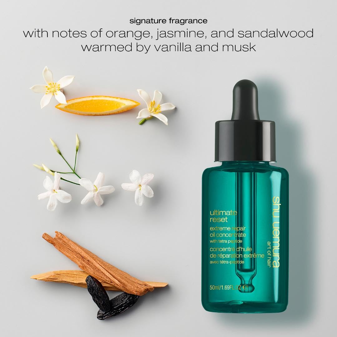 Shu Uemura Ultimate Reset luxury hair serum close up packaging view