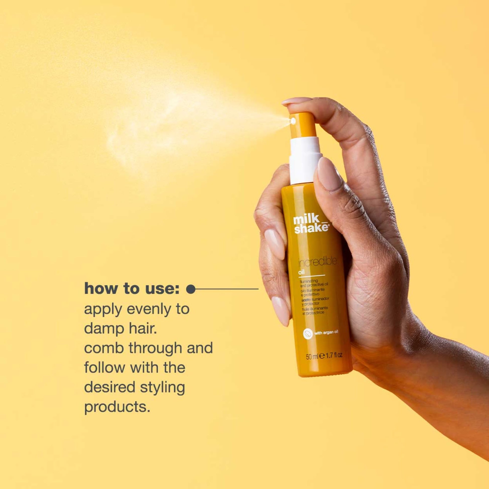 Milk_Shake illuminating hair oil packaging showing official ingredients and barcode.