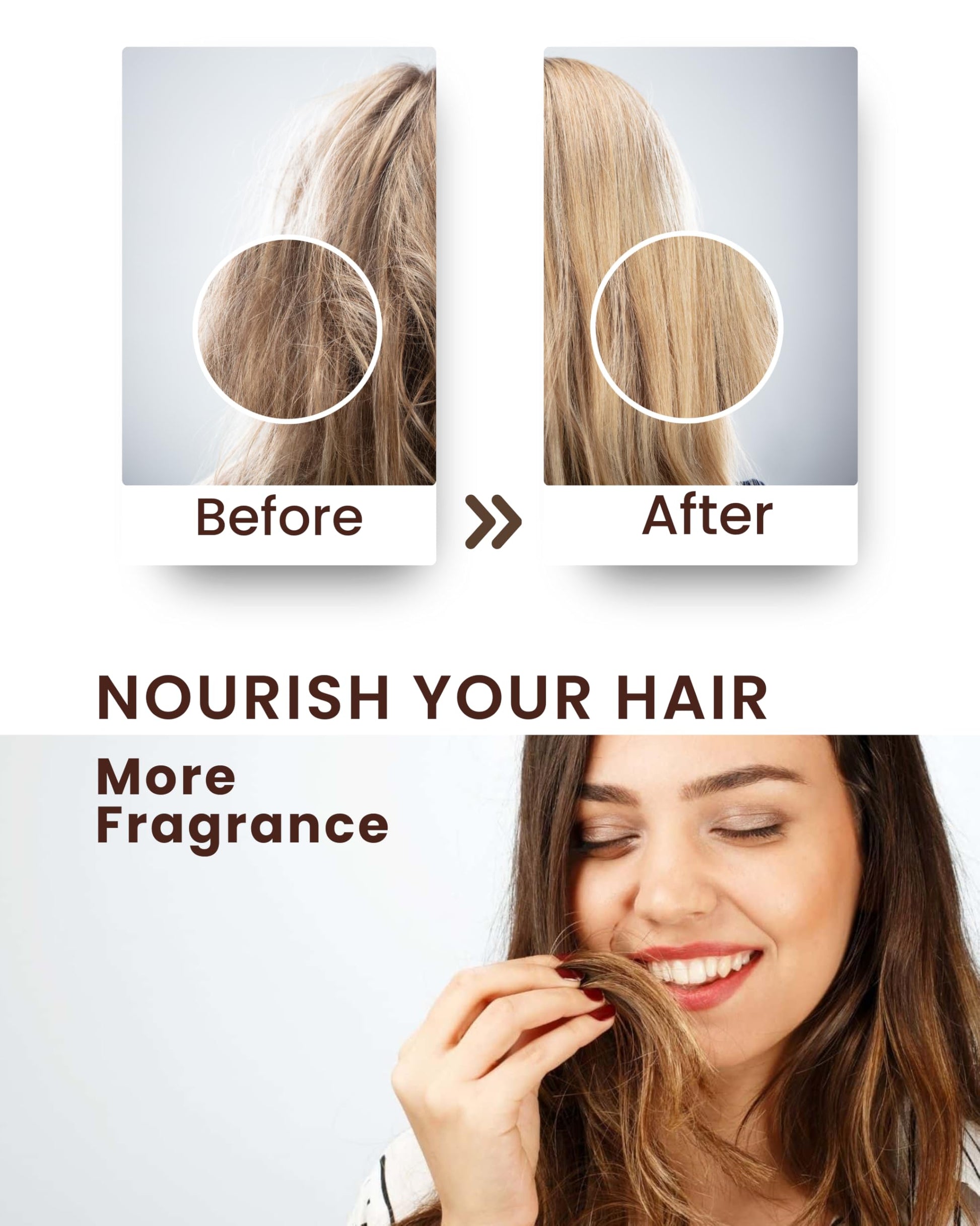 Applying anti frizz avocado hair oil to dry damaged hair for smoothness