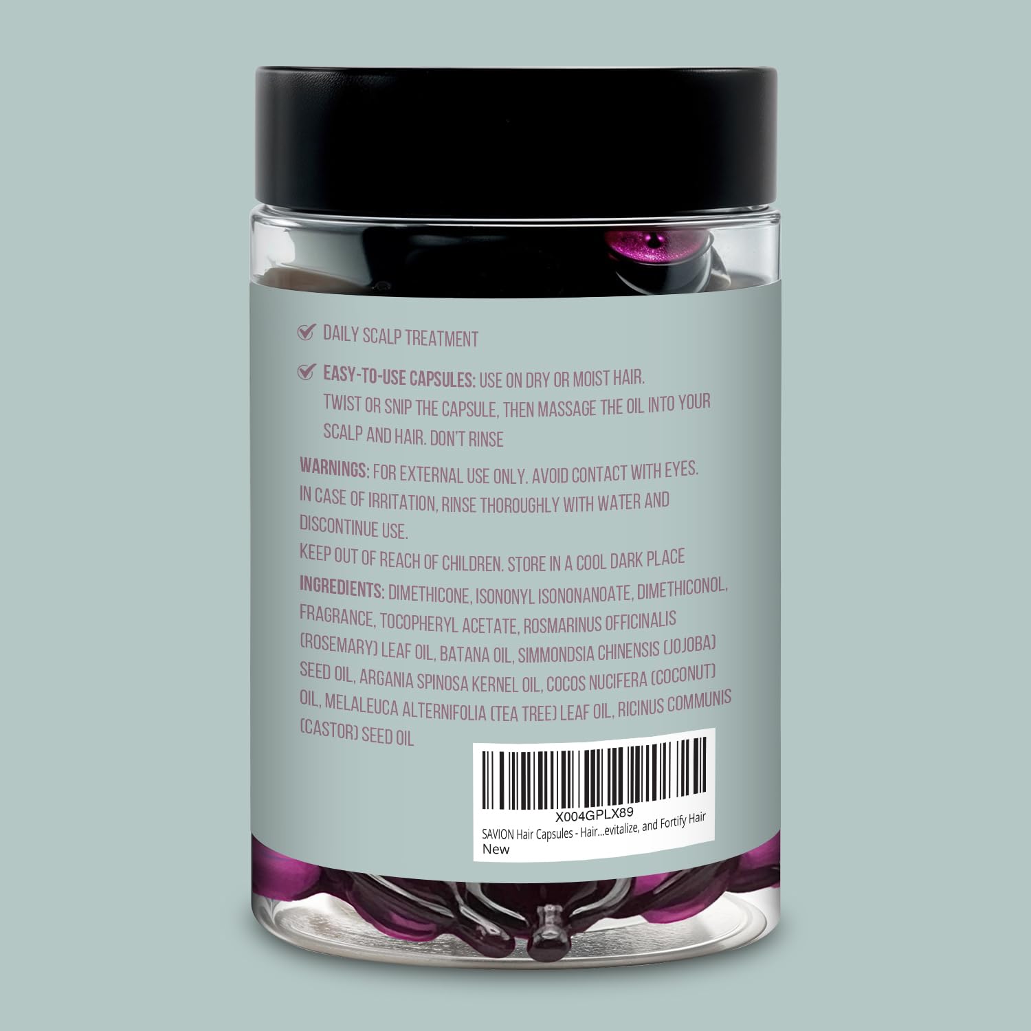 Travel friendly SAVION hair treatment capsules stored in a compact container