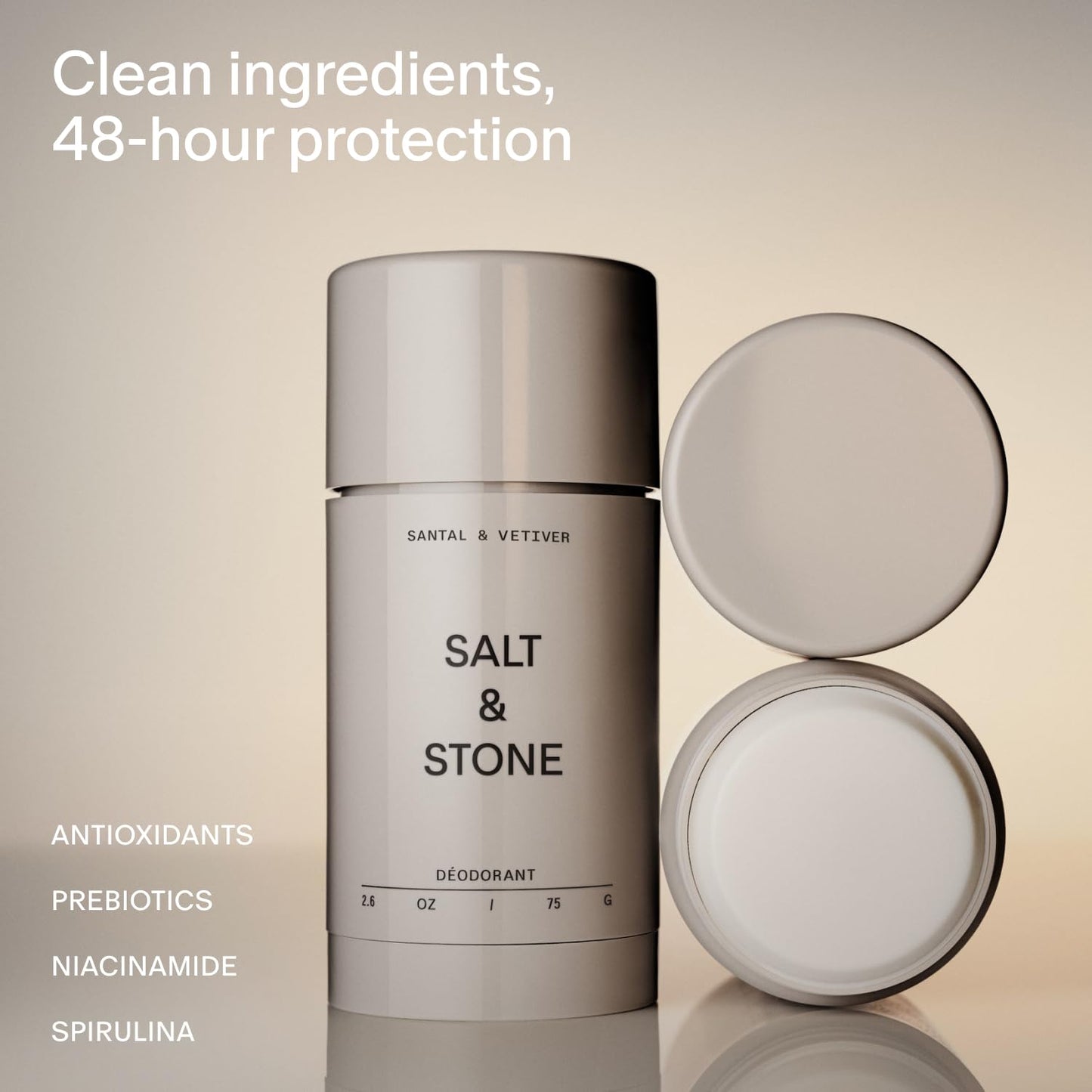 Salt and Stone natural extra strength deodorant container showing 48 hour protection label
