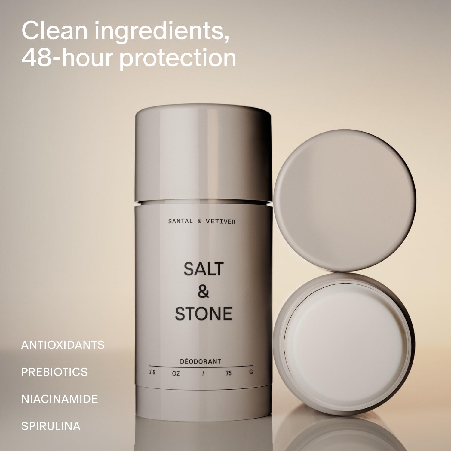 Salt and Stone natural extra strength deodorant container showing 48 hour protection label