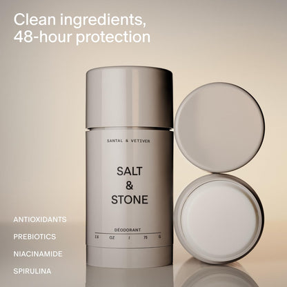 Salt and Stone natural extra strength deodorant container showing 48 hour protection label