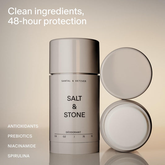Salt and Stone natural extra strength deodorant container showing 48 hour protection label