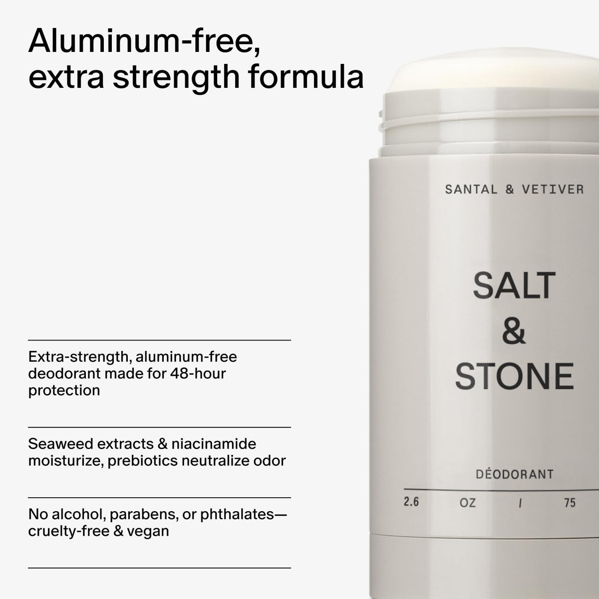 Back label view of Salt and Stone aluminum free deodorant with ingredient checklist