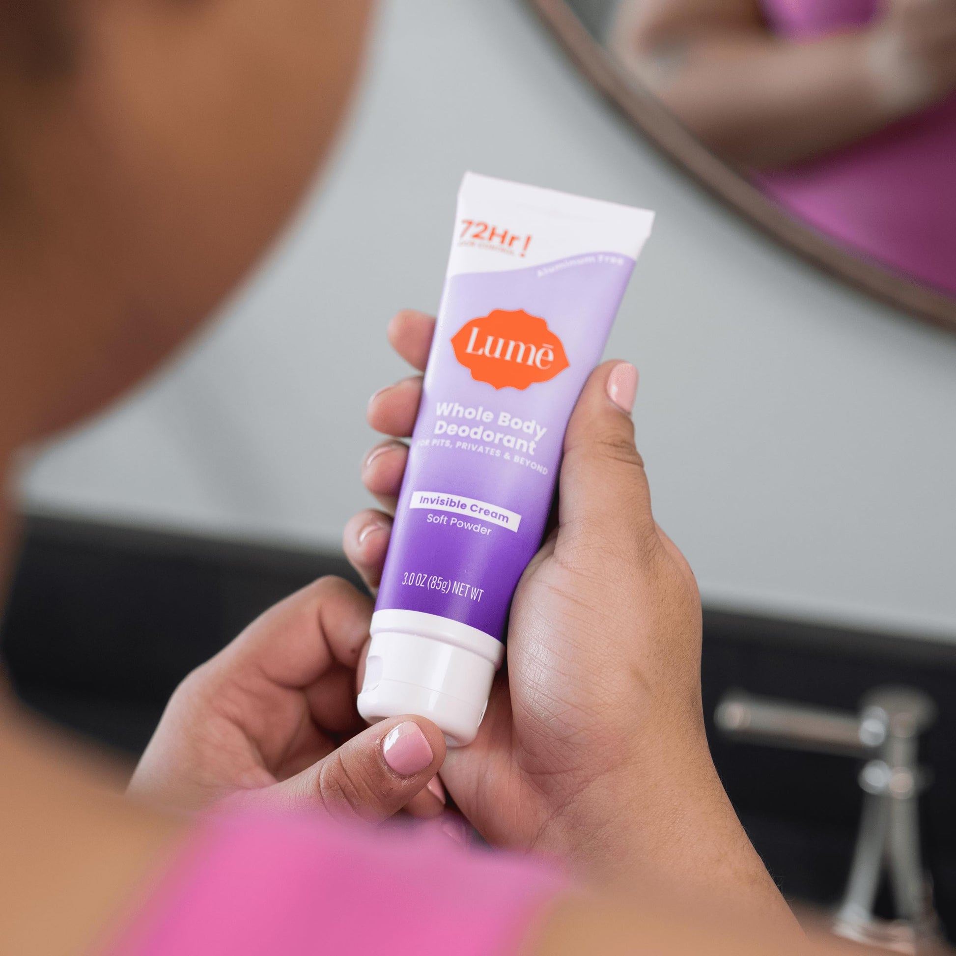 Lume Whole Body Deodorant tube showing 72-hour odor control claim