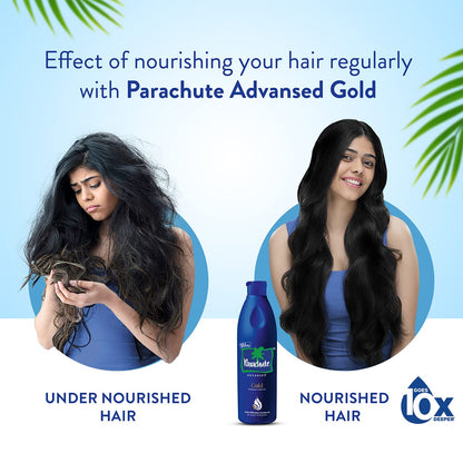 Parachute Advansed hair care oil bottle back label showing ingredients