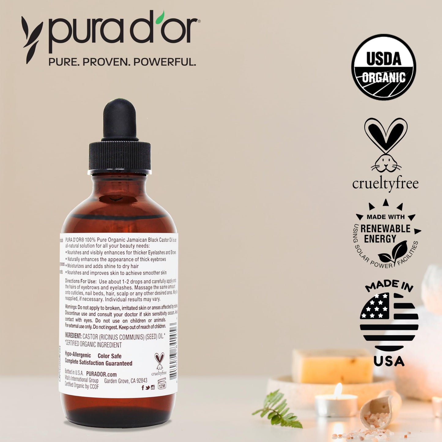 PURA D'OR natural eyelash serum highlighting the pure organic ingredients list