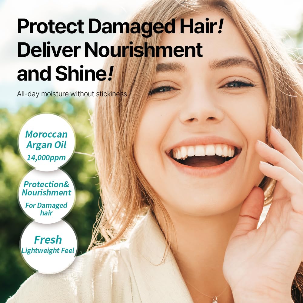 Lightweight argan oil treatment bottle for frizzy hair care.